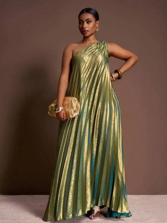 Olive Green Shiny Pleated One-Shoulder Maxi Dress for Plus Size