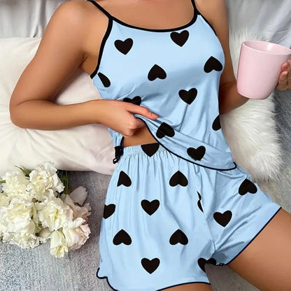 Ice Silk Pajamas for Women, Cute Heart Print Short Sleeve Sleepwear Set, Cool & Breathable for Hot Summer Nights
