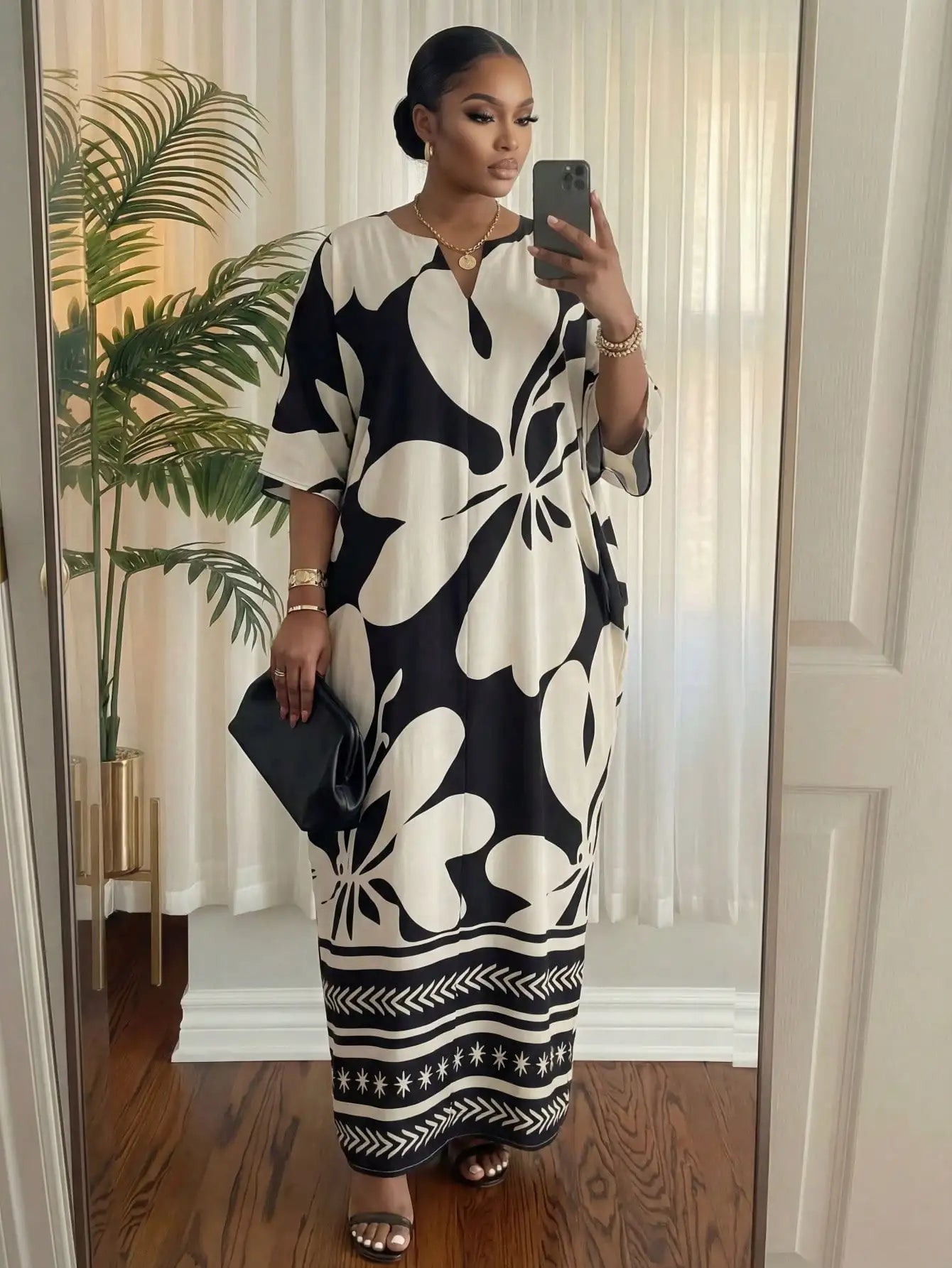 Plus Size Maxi Dress  Abstract Black & Cream Print, Loose Fit, V-Neck,  Casual Wear