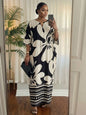Plus Size Maxi Dress  Abstract Black & Cream Print, Loose Fit, V-Neck,  Casual Wear