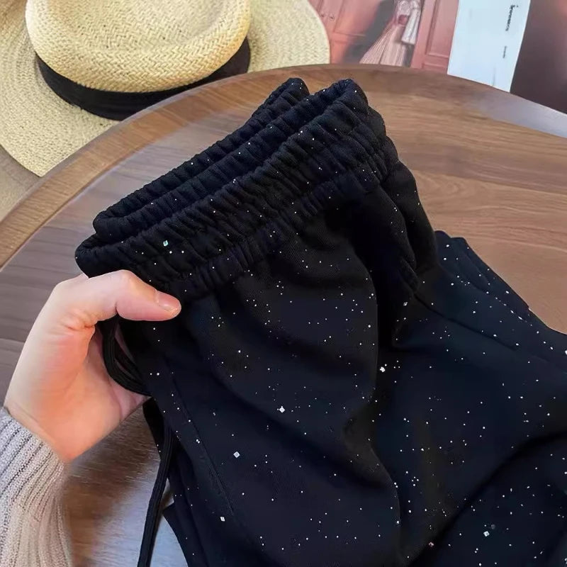 Starry Sky Ice Silk Wide Leg Pants  High Waist Straight Leg Sporty  Sparkling Pants
