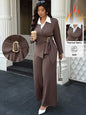 Women's Lapel Long Sleeve Blazer & Wide Leg Pants Suit Set Thermal Soft Fabric