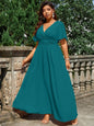Plus Size Solid Color Wrap V-Neck Maxi Dress For Wedding Formal Occasion