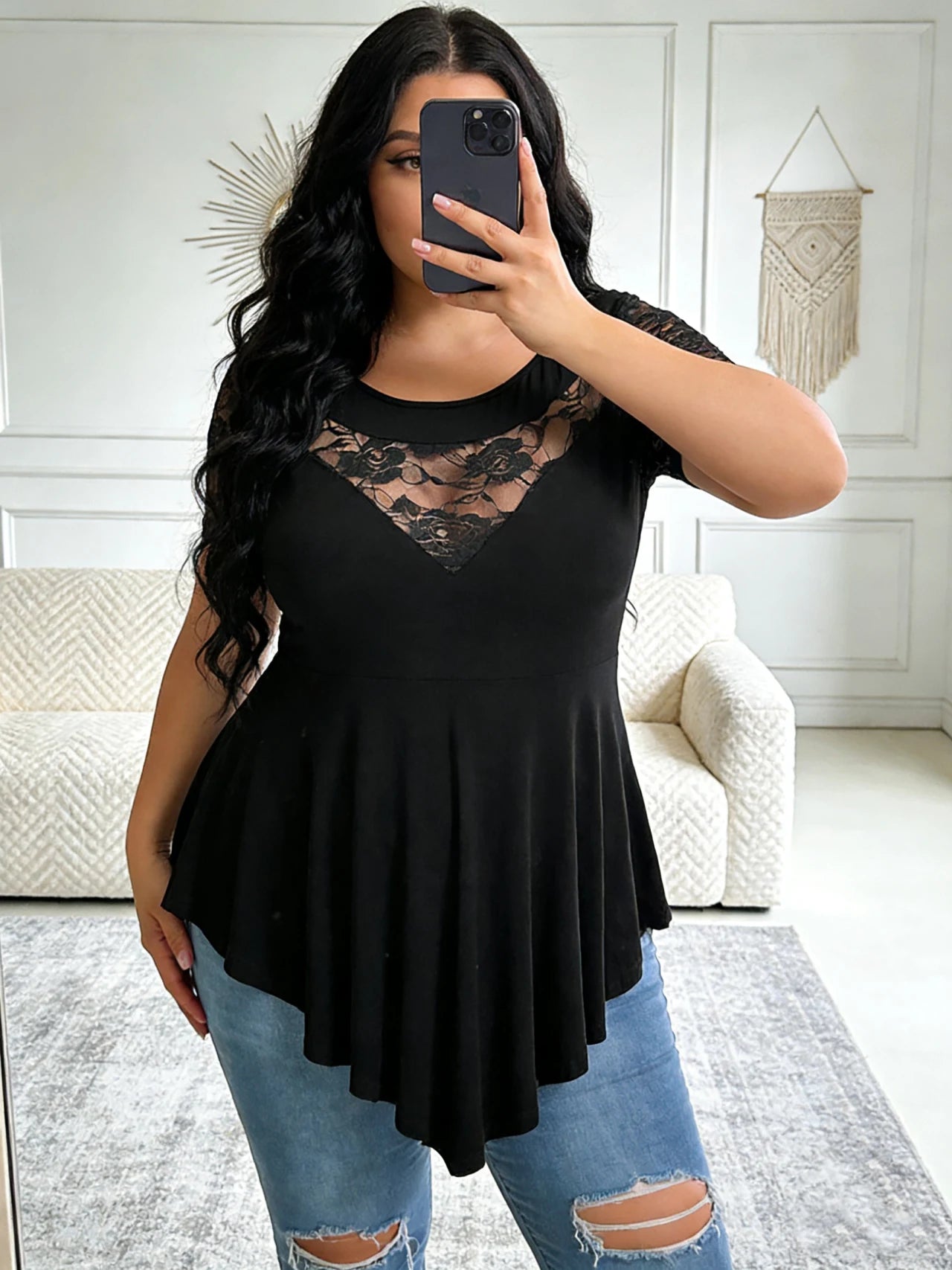 Women’s Plus Size Lace Panel Short Sleeve Asymmetric Hem Flowy Blouse for Casual, Work, or Date Night Outfits