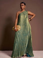 Olive Green Shiny Pleated One-Shoulder Maxi Dress for Plus Size