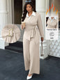 Women's Lapel Long Sleeve Blazer & Wide Leg Pants Suit Set Thermal Soft Fabric