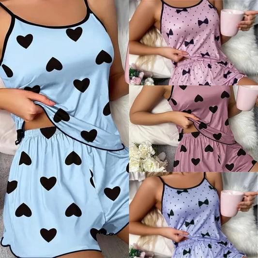 Ice Silk Pajamas for Women, Cute Heart Print Short Sleeve Sleepwear Set, Cool & Breathable for Hot Summer Nights pijama