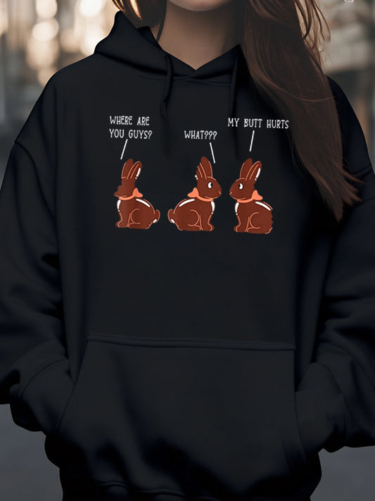 Chocolate Bunny Comic Print Easter Hoodie for Women Casual Wear Spring Outfit
