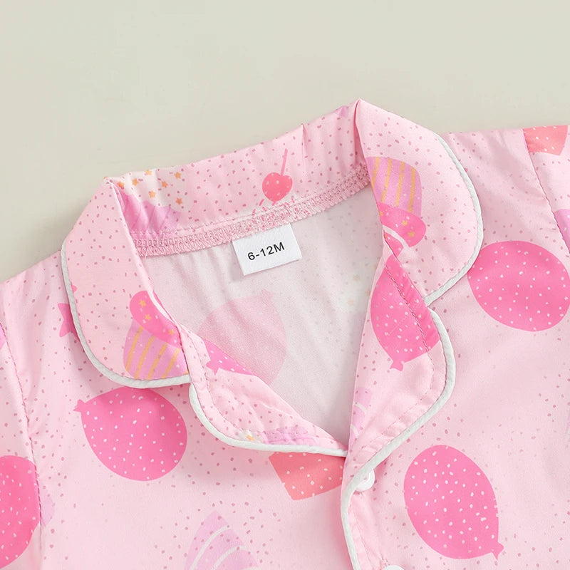 Children s Girls Pajama Set with Fun Cake and Balloon Print Short Sleeve Shirt Top and Shorts 2-Piece Lounge Suit for