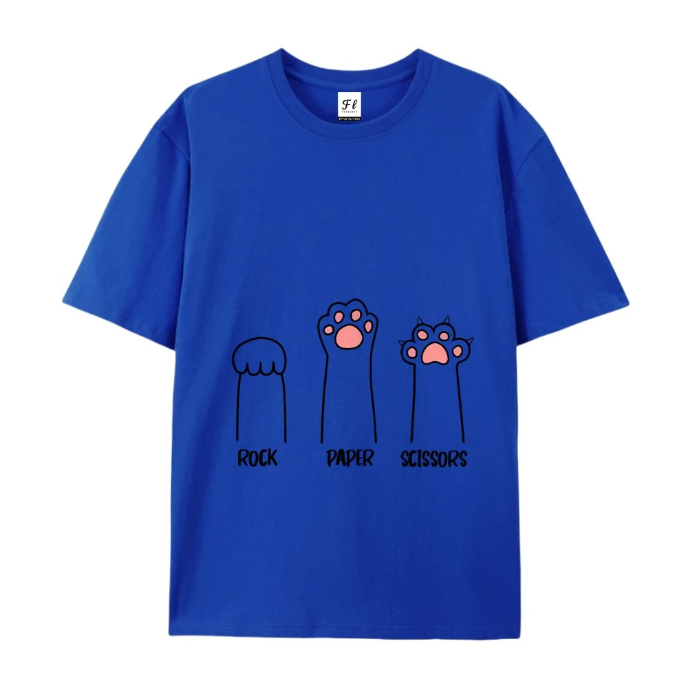 Rock Paper Scissors T-Shirt Casual Crewneck Tops Summer Cotton Loose  FunnyCat Print Clothes Women Fashion Oversize