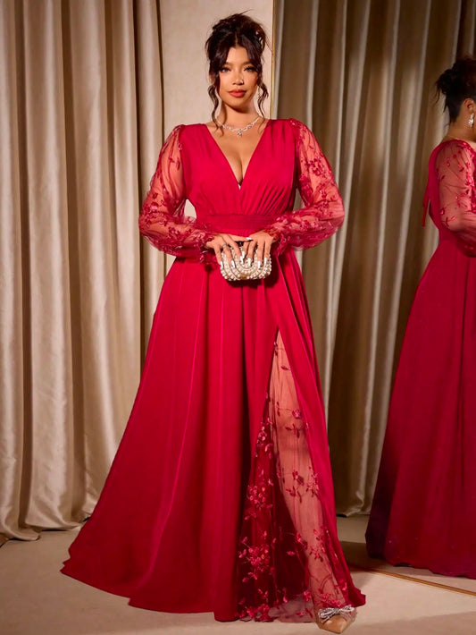Plus Size Red Maxi Dress with Deep V Neck, Lace Sleeves & High Slit for Parties