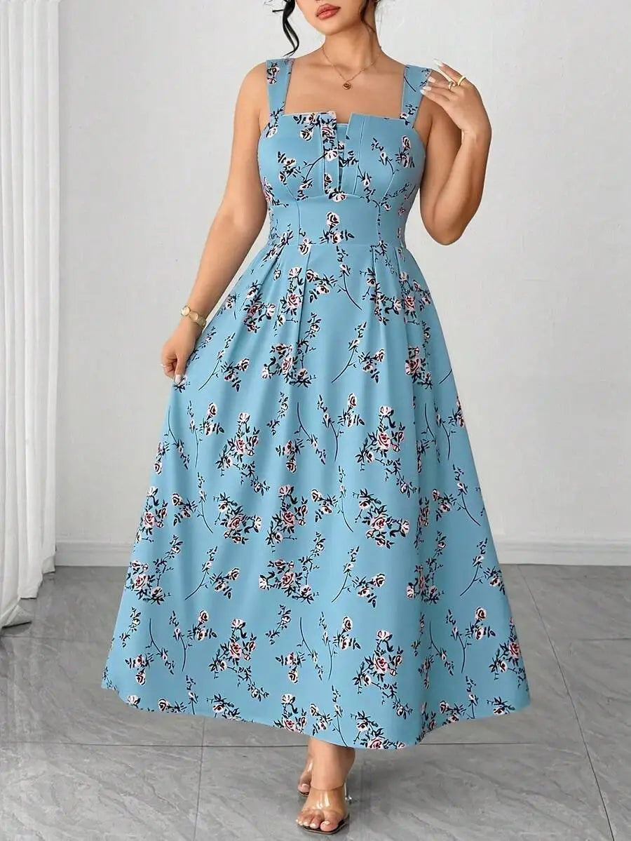 Plus Size Women's Floral Print Spaghetti Strap A-Line Midi Dress