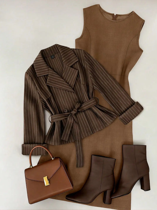 Brown Pinstripe Blazer & Solid Sleeveless Dress Set for Women, Office Chic Outfit