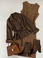 Brown Pinstripe Blazer & Solid Sleeveless Dress Set for Women, Office Chic Outfit