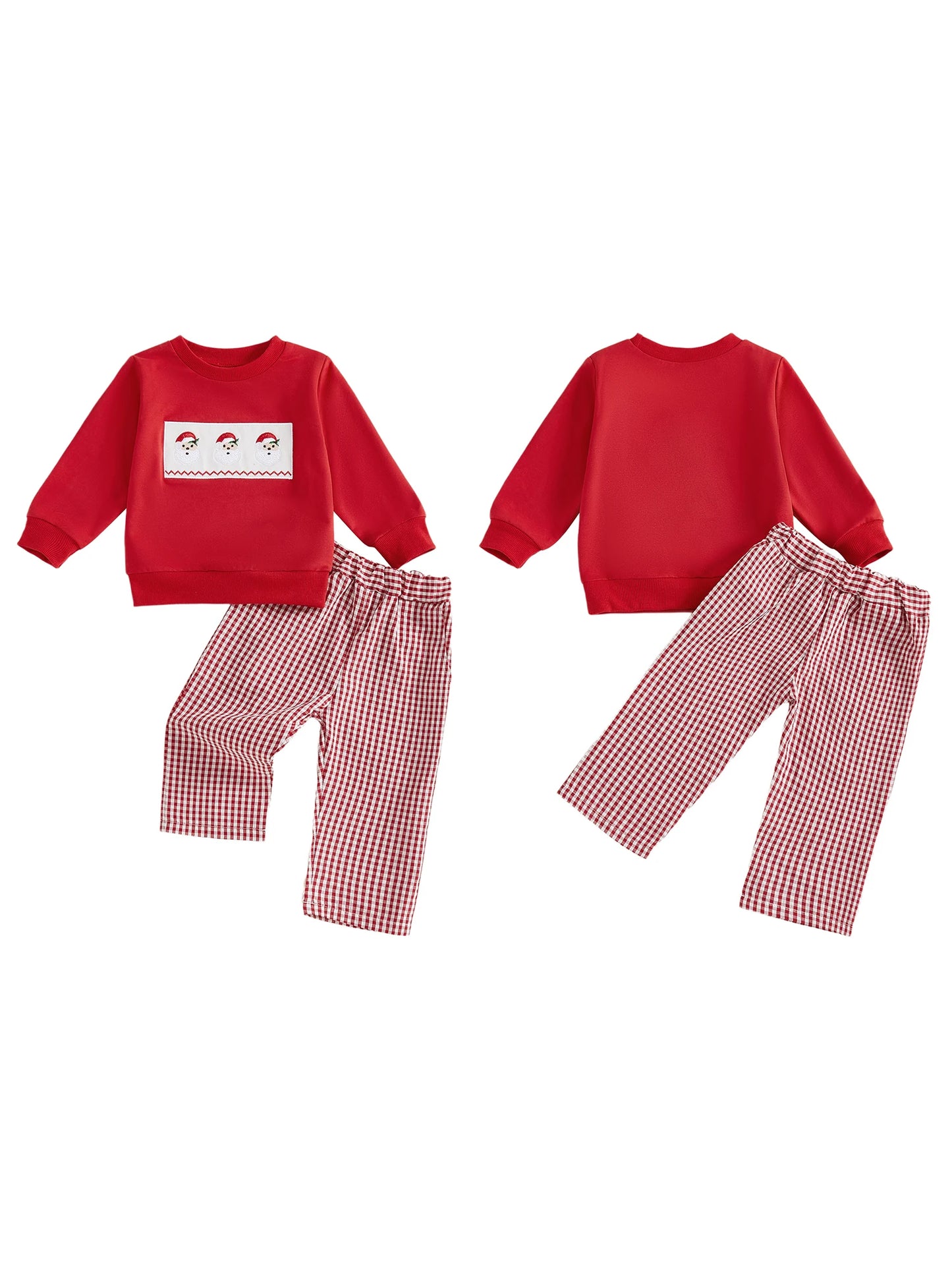 Infant Boys Winter Holiday Outfit Set with Santa Claus Embroidered Sweater and Plaid Pants - Festive Christmas Clothing for