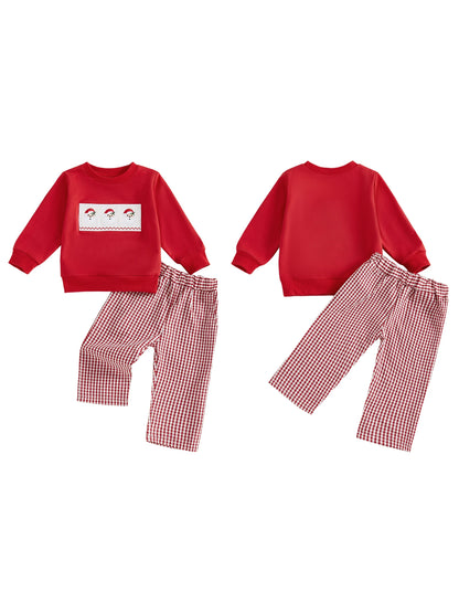Infant Boys Winter Holiday Outfit Set with Santa Claus Embroidered Sweater and Plaid Pants - Festive Christmas Clothing for