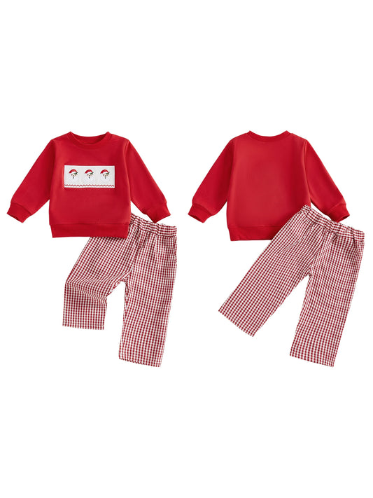 Infant Boys Winter Holiday Outfit Set with Santa Claus Embroidered Sweater and Plaid Pants - Festive Christmas Clothing for
