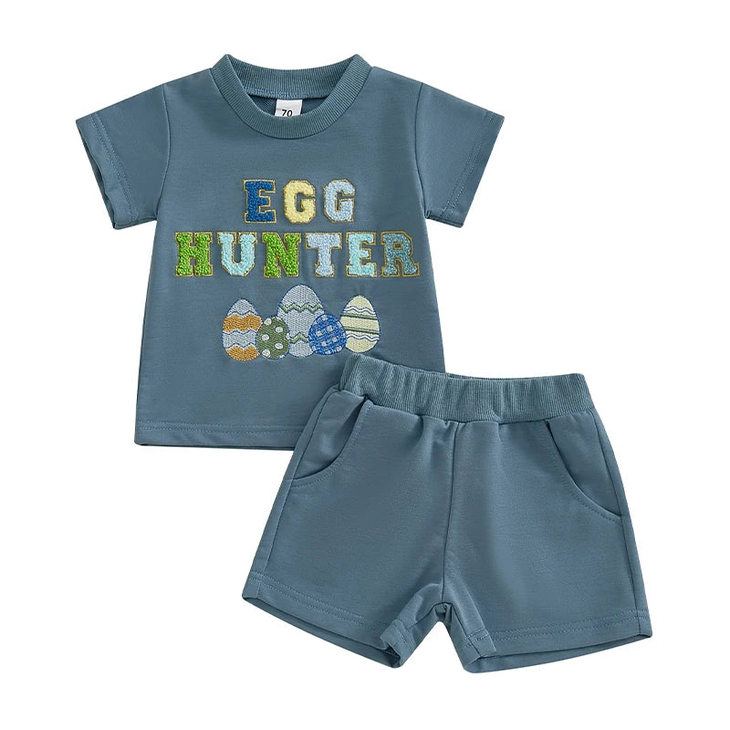 Summer Kids Boys Easter Shorts Set Short Sleeve Embroidery Letters Eggs T-shirt with Shorts Clothes Outfit