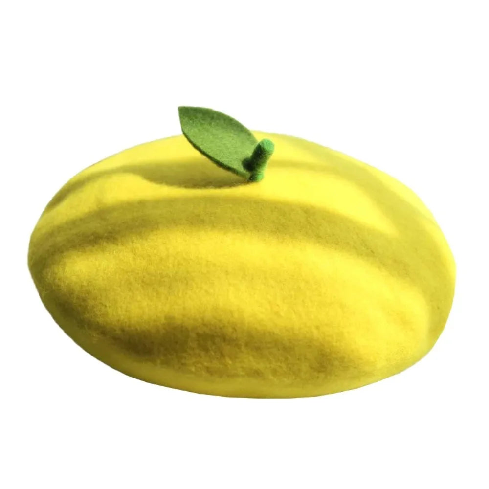 Lady Fresh Cute Fruit Flat Painter Wool Felt Orange Apple Lemon Pink Gift Green Leaf Kids Handmade Warm Berets Caps