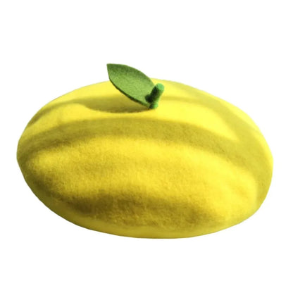 Lady Fresh Cute Fruit Flat Painter Wool Felt Orange Apple Lemon Pink Gift Green Leaf Kids Handmade Warm Berets Caps