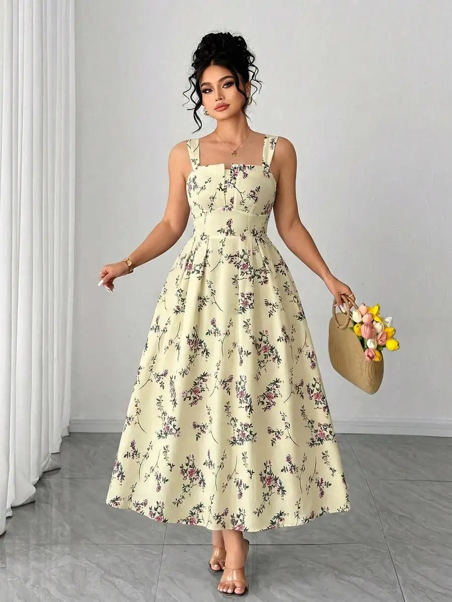 Plus Size Women's Floral Print Spaghetti Strap A-Line Midi Dress