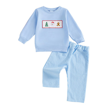 Infant Boys Winter Holiday Outfit Set with Santa Claus Embroidered Sweater and Plaid Pants - Festive Christmas Clothing for