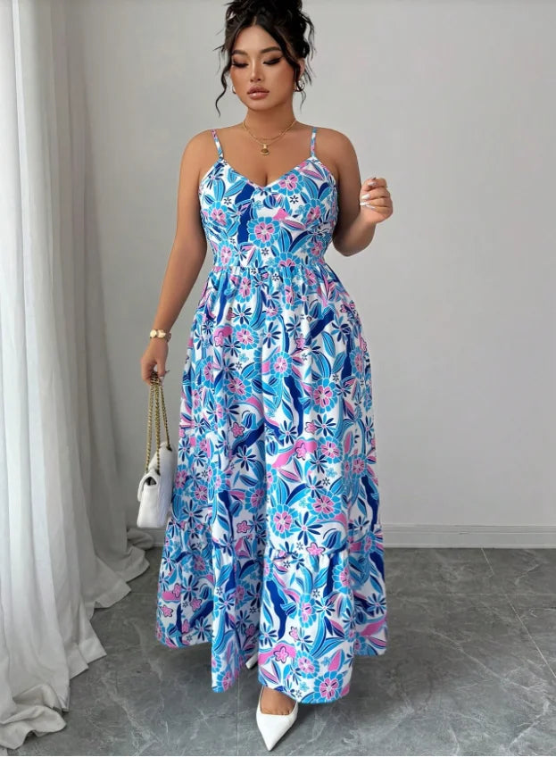 Plus size women's blue and white floral camisole dress; loose fit
