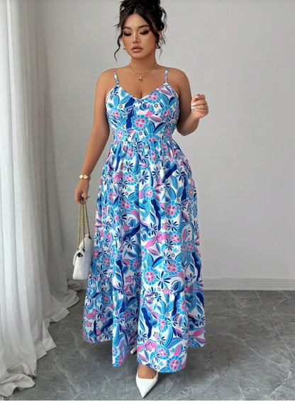 Plus size women's blue and white floral camisole dress; loose fit