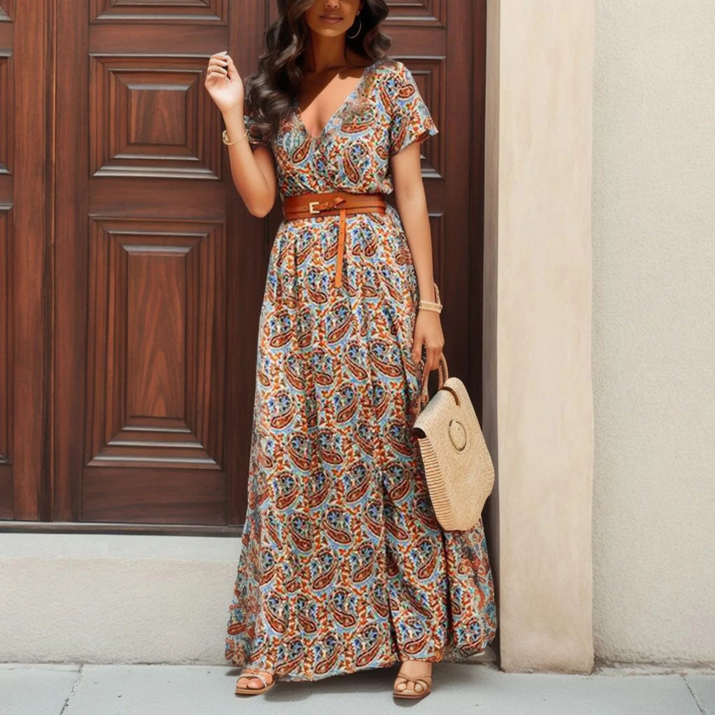 Women Slim Floral Print Long Dresses With Belt  2pcs A Line Maxi Dress Female Short Sleeve Streetwear Dresses