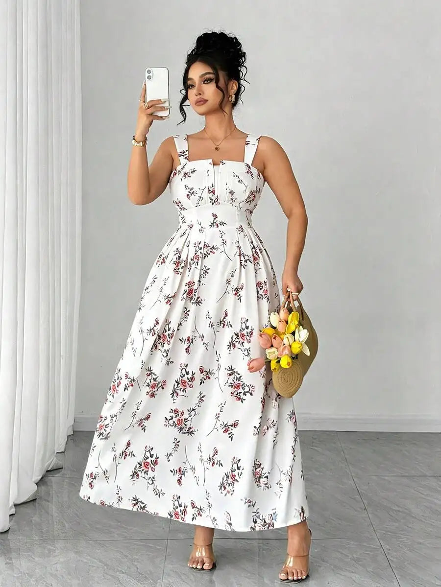 Plus Size Women's Floral Print Spaghetti Strap A-Line Midi Dress