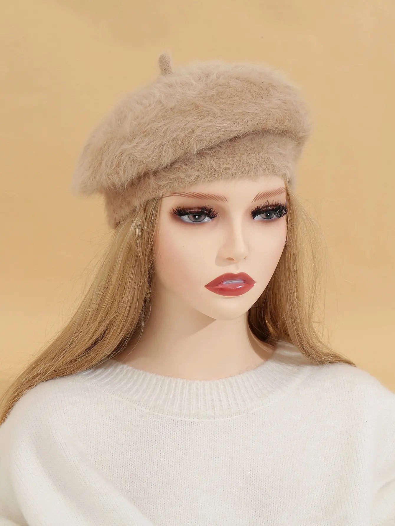 1pc Fashionable Classic Warm Solid Color Rabbit Fur Beret Winter Fall