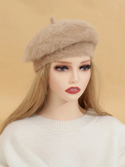 1pc Fashionable Classic Warm Solid Color Rabbit Fur Beret Winter Fall