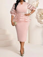 Elegant White Peplum Dress with Crystal Belt & Bishop Sleeves for Plus