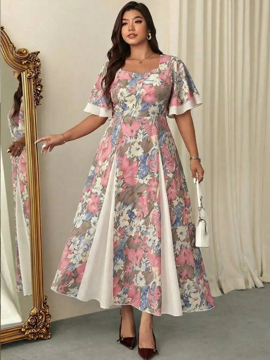 Plus Size Floral Print Square Neck Flutter Sleeve A-Line Midi Dress