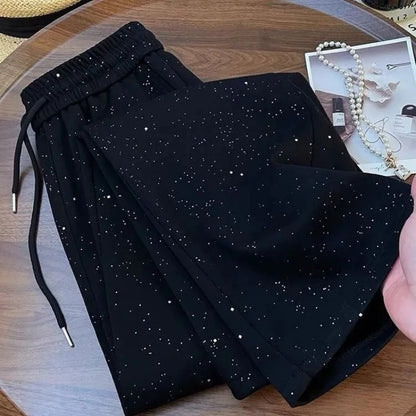 Starry Sky Ice Silk Wide Leg Pants  High Waist Straight Leg Sporty  Sparkling Pants