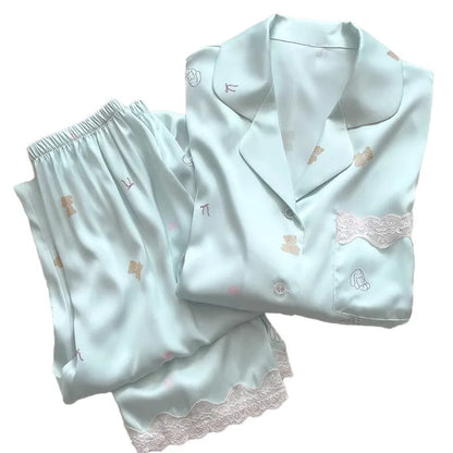 Bear Print Pajamas Women Cool Ice Silk Short Sleeve Pants Loungewear Cardigan Lace Fall and Winter Two-Piece Set Plus Size