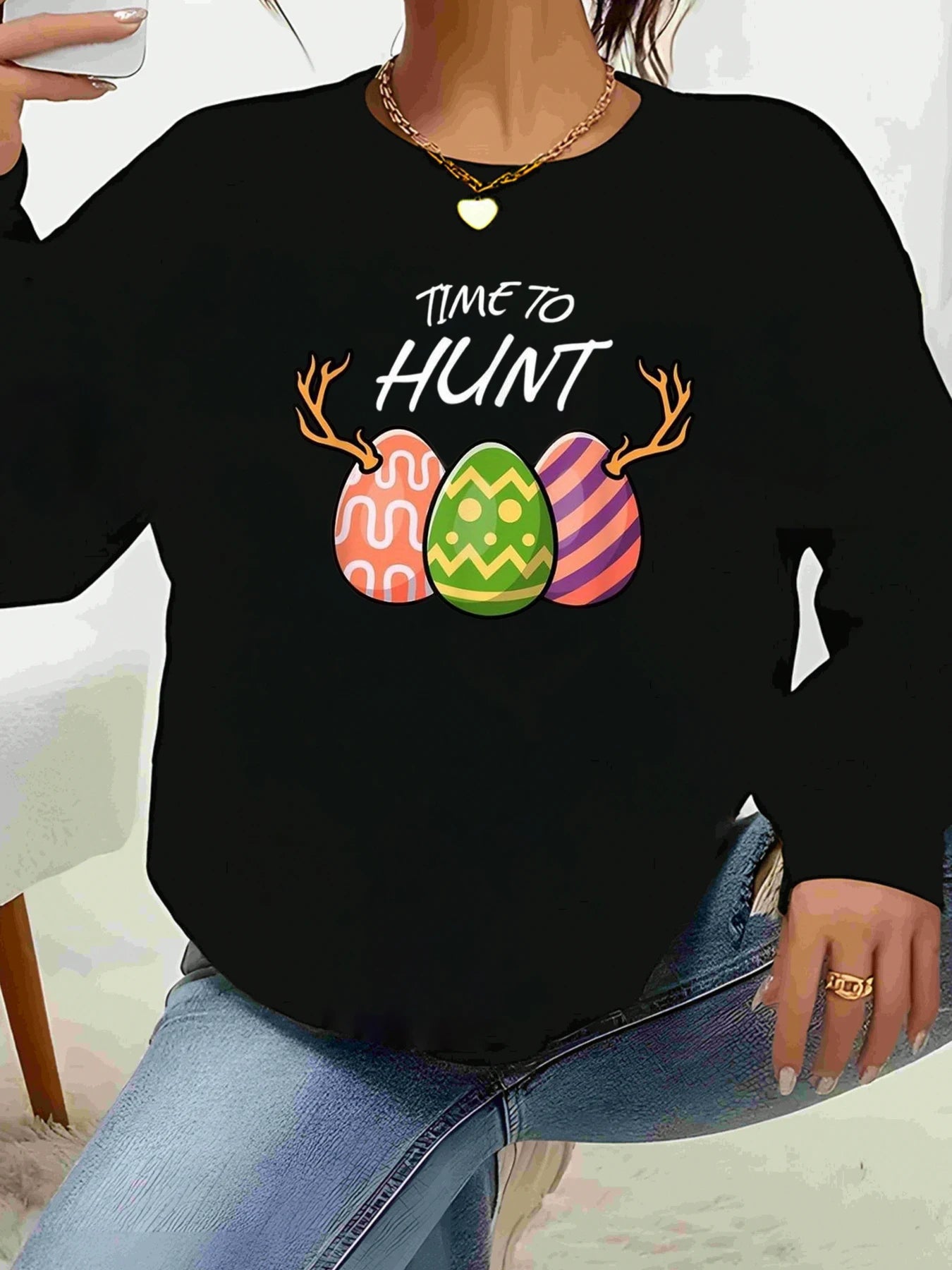 Easter Egg Hunt Print Long Sleeve T-Shirt Easter Holiday Casual Wear Women's Top