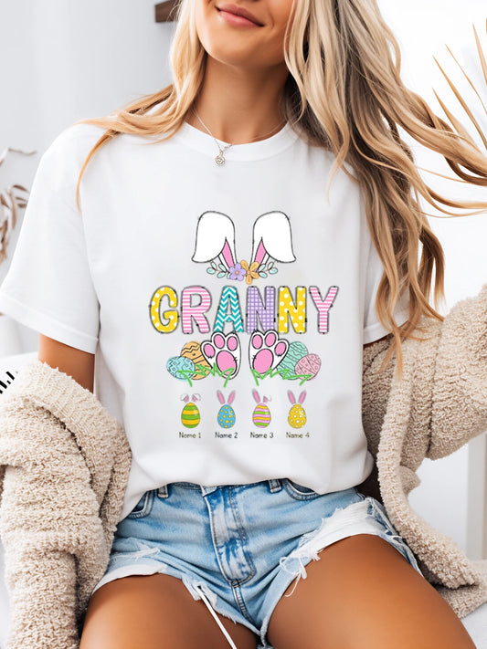 Easter Bunny Ears Granny with Paw Prints and Eggs Easter T-Shirt Spring Outfit White Plus-Size