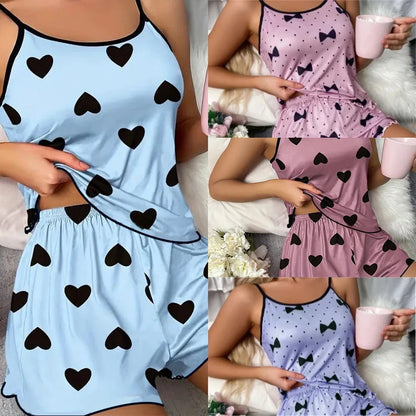 Ice Silk Pajamas for Women, Cute Heart Print Short Sleeve Sleepwear Set, Cool & Breathable for Hot Summer Nights