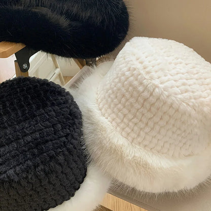Classical Black White Fluffy Fur Women Bucket Hat  Mongolian Cap  Cold-proof Furry Basin Caps