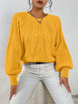 Cable Knit Lantern Sleeve Sweater for Women, Cozy Pullover with V-Neck Design