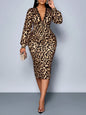 Plus Size Leopard Print V-Neck Balloon Sleeve Midi Dress with Lace Trim