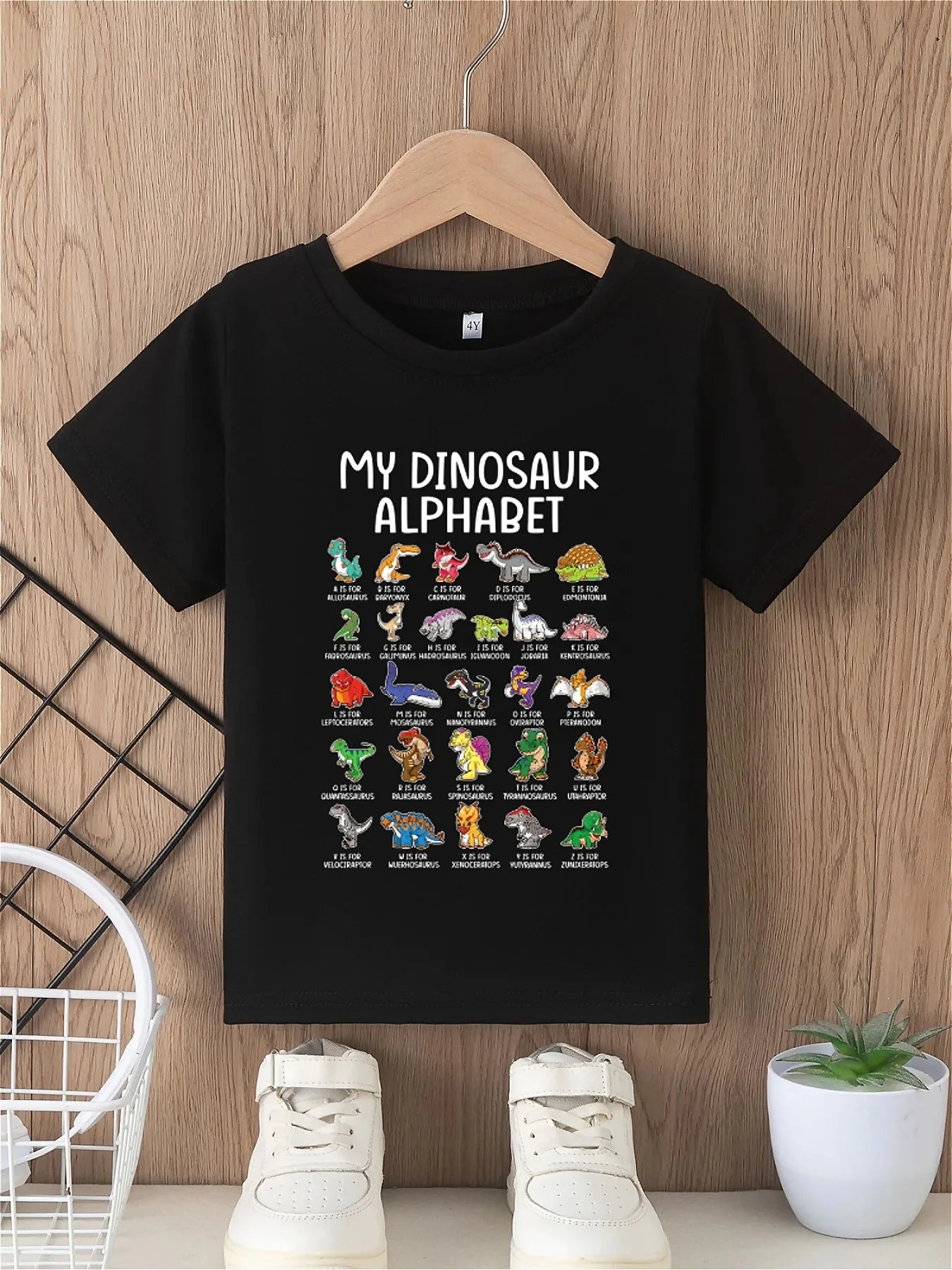Cartoon Dinosaur Alphabet Print T-Shirt, Boys, Casual Summer