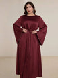 Plus Size Brown Satin Dress with Flared Sleeves and Pearl Trim