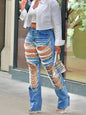 Women's Pearl Embellished Ripped Jeans, Distressed Denim, Frayed Hem, Style for Casual Outings