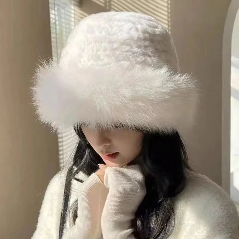 Classical Black White Fluffy Fur Women Bucket Hat  Mongolian Cap  Cold-proof Furry Basin Caps
