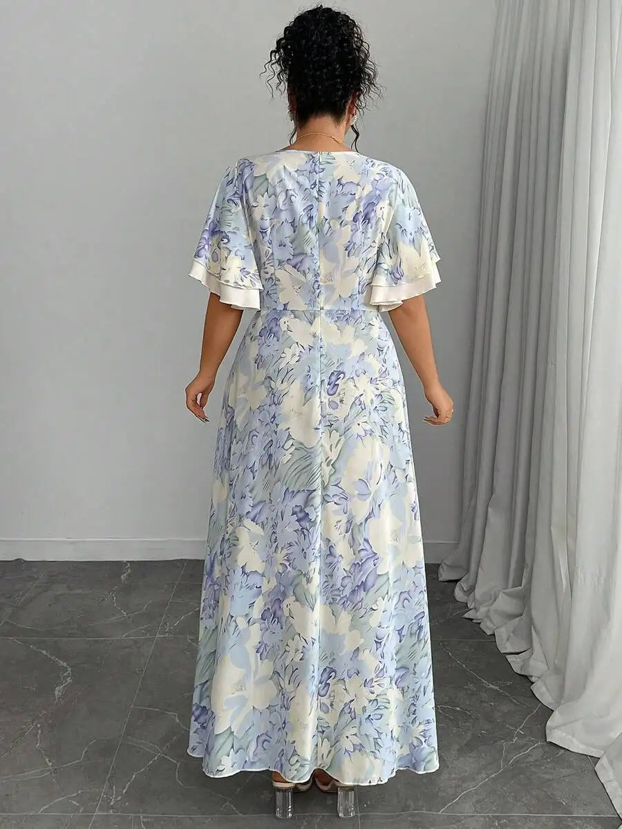 Plus Size Floral Print Square Neck Flutter Sleeve A-Line Midi Dress