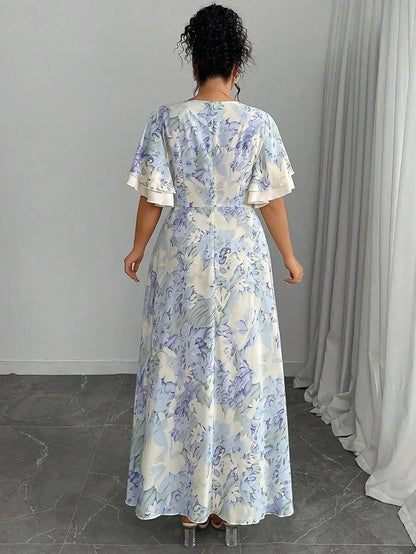Plus Size Floral Print Square Neck Flutter Sleeve A-Line Midi Dress