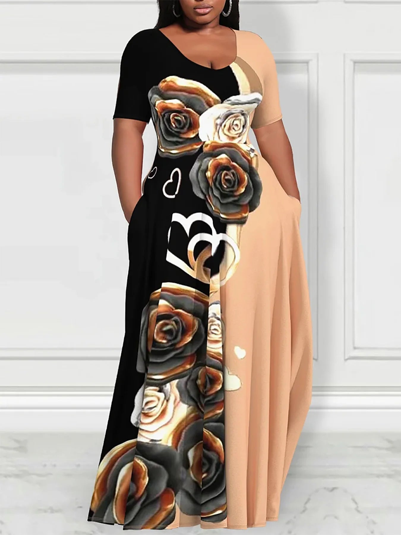Plus - Size Color - Block Rose Dress! Black & Brown Patchwork, Flattering & Stylish