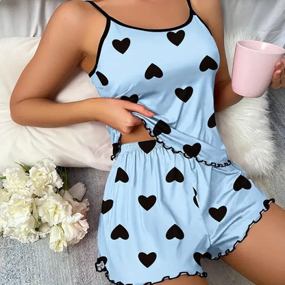 Ice Silk Pajamas for Women, Cute Heart Print Short Sleeve Sleepwear Set, Cool & Breathable for Hot Summer Nights pijama